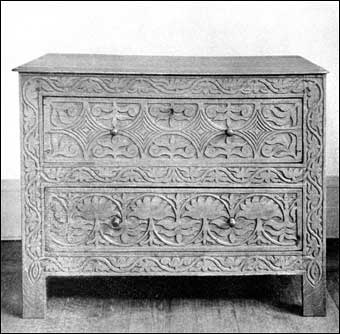 Connecticut Furniture - Carved oak two drawer chest of drawers made by Disbrowe, ca. 1670-1680