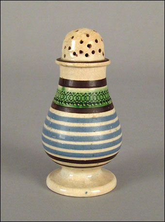 Mochaware - Mocha pepper pot, 19th century with blue and brown bands, 4 3/4
