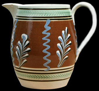Mochaware - Barrel form jug with vertical tri-colored 