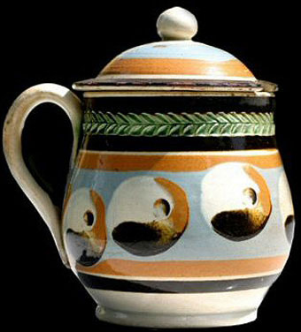 Mochaware - Mustard pot decorated with cat's eye and green glazed herringbone rouletting, 4