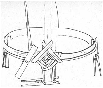 Appalachian Baskets - <b>Step Three:</b> The Eye of God Lashing is complete, and the leftover lashing reed is clamped tightly. This will become the first weaver. Notice how the rim dowel is held to the rim hoop. 

