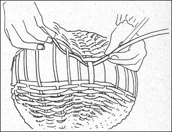 Appalachian Baskets - As you near the bottom you can tell that your weavers will meet on the rim and bottom before the sides have been completely filled in. This filling in is accomplished in <i>Step Eight</i>. 
