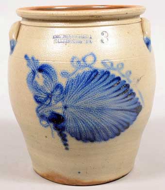 Conestoga Auctions: June, 2013 - A Cowden and Wilcox fern leaf decorated three gallon crock from the Ex Clyde Youtz collection sold for $4425